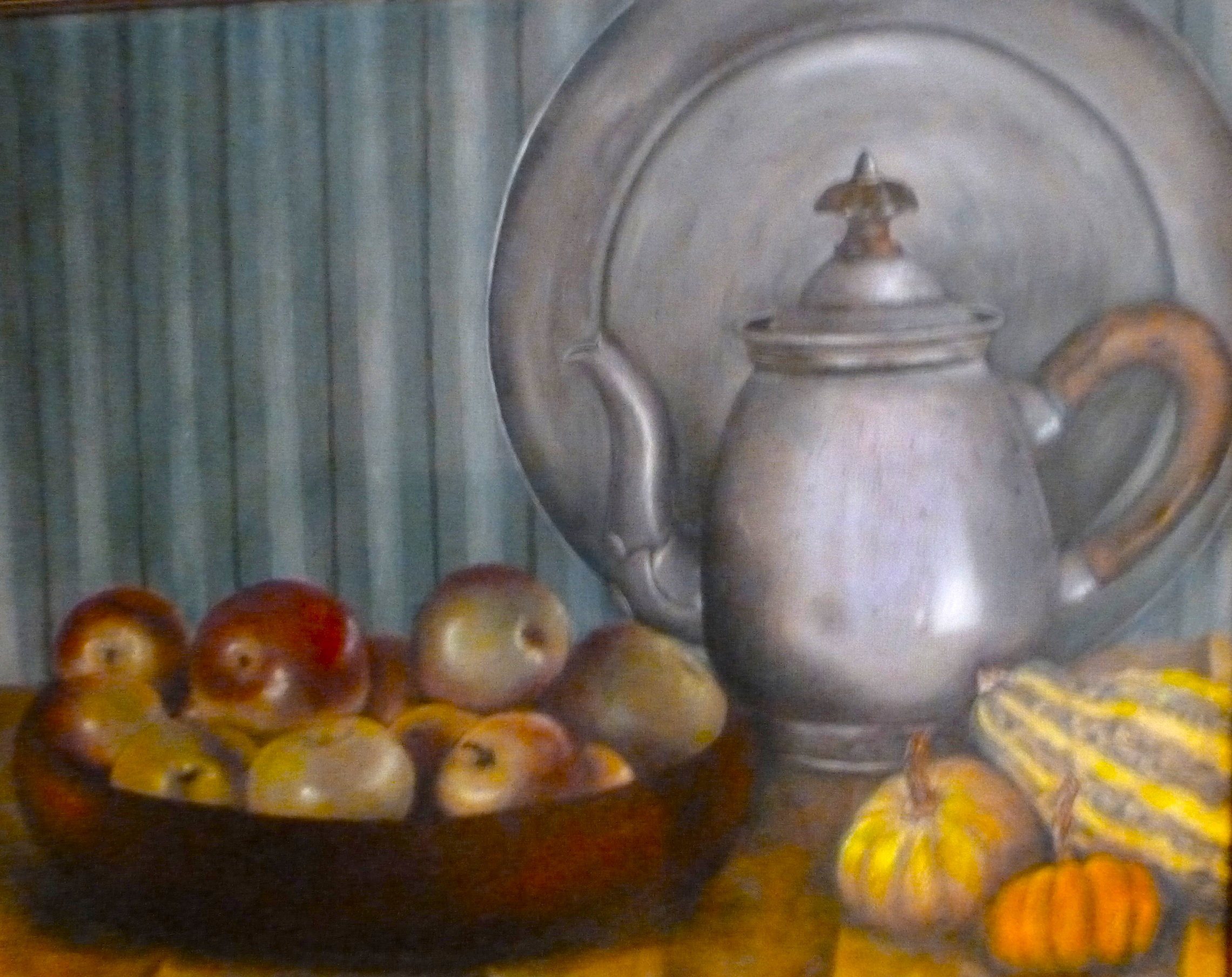 A rustic still life with apples, a teapot, and gourds on a table.