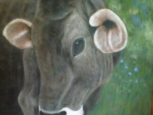 Close-up painting of a cow's face showing detailed features.