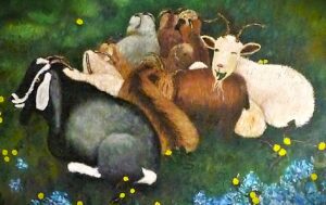 A group of various animals resting together in a peaceful meadow.