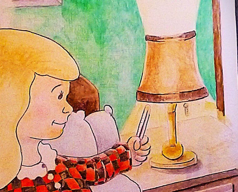 A child reaching to turn off a lamp in a cozy room.