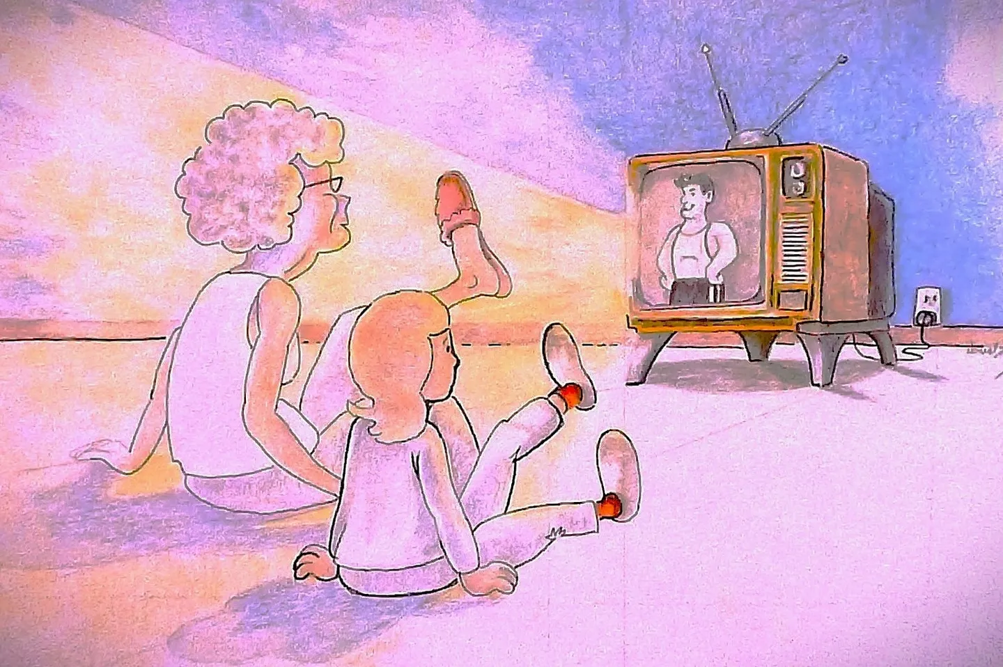 Two children watching a puppet show with maracas at sunset.